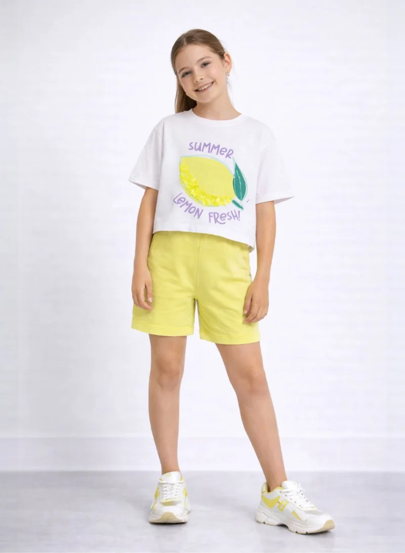 Victor And Jane  Girls 2 Pc Set Lemon Print Sequin Top & Shorts Set – White & Yellow for Women | Best Price UAE